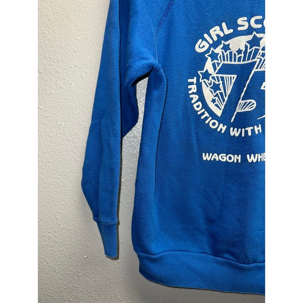 Vintage Girl Scouts Sweatshirt 75 Tradition Wagon Wheel USA Blue Crewneck 80s S - Picture 6 of 9